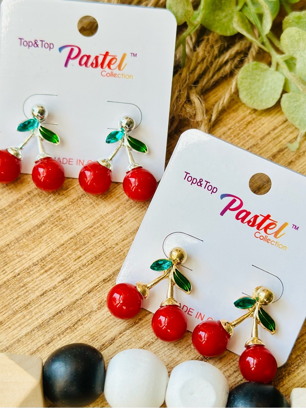 NWT Pastel 2 Pairs Red Cherry Earrings 🍒  Enamel & Gem leaves 🍃